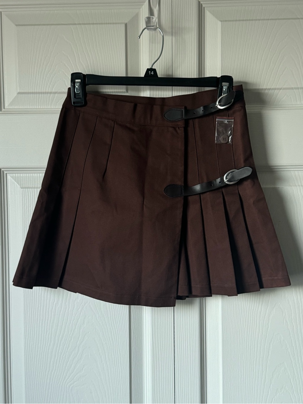Brown Pleated Mini Skirt with Buckle Straps